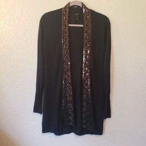 Soma Women's Long Black Cardigan Sweater Brown Sequined Sz Medium